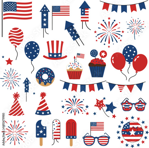 Fourth of July, a national holiday in America, showcases patriotic symbols like the US flag with stars and red, white, and blue colors, often celebrated with banners and a feeling of independence