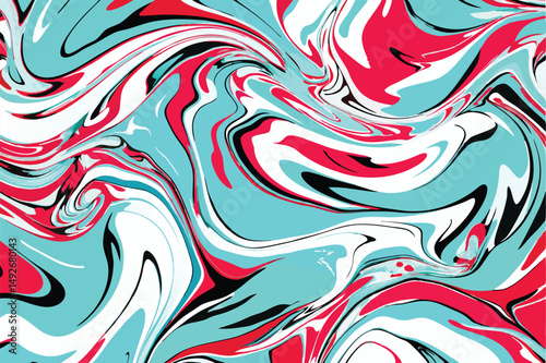 Abstract swirling fluid artwork with turquoise red black and white colors for design