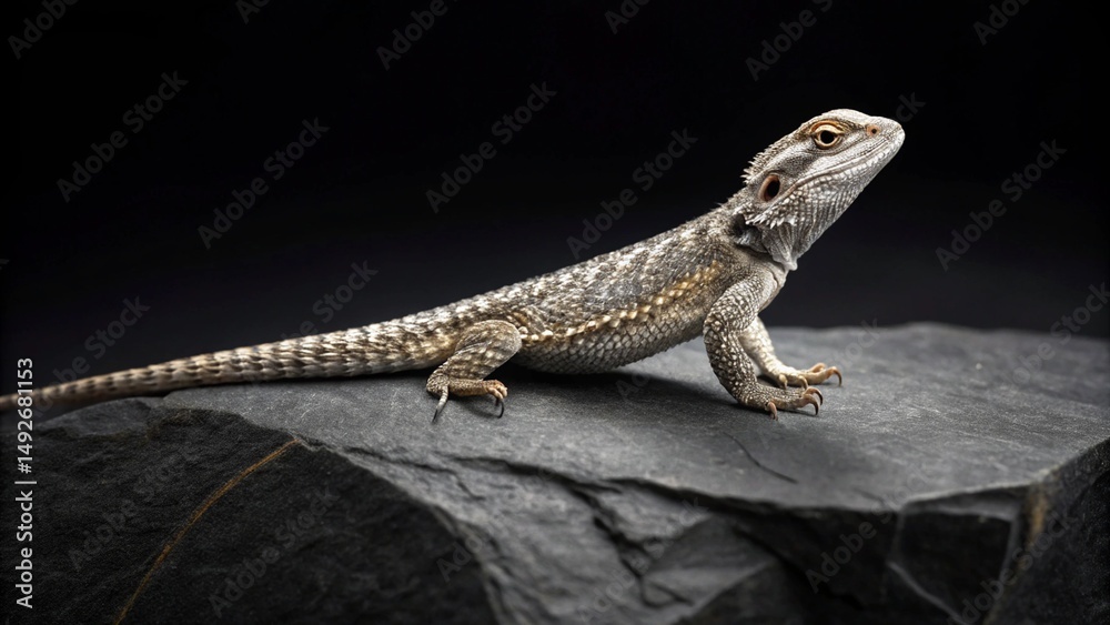 Fototapeta premium A bearded dragon lizard stands alertly on a dark grey textured rock against a solid black background
