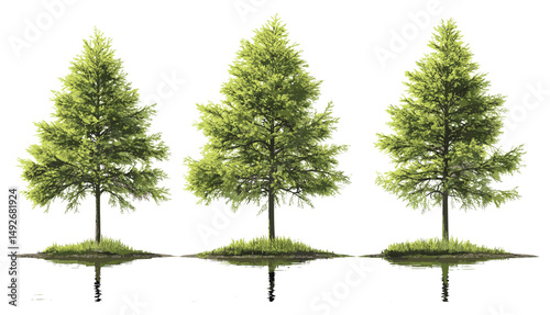 Set of pond cypress trees Taxodium ascendens, isolated frontal cutout, vector illustration, swamp habitat, floodplain vegetation, wetland ecosystem, evergreen conifer tree.