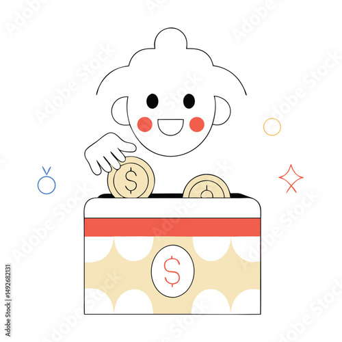 Adorable illustration of person depositing coins into a savings box with transparency