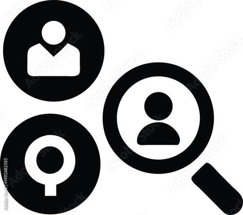 Black silhouette design featuring centralized iconography with magnifying glass focus for conceptual illustrations