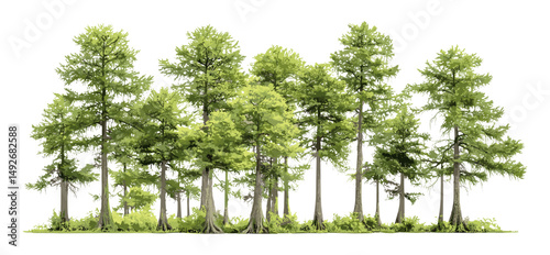 Swamp cypress frontal isolated trees, baldcypress Taxodium distichum cutout, bald cypress wetland species, vector illustration, riparian vegetation, deciduous conifer, environmental greenery.