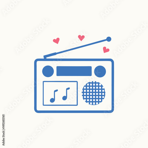 Blue retro radio broadcasting music with pink hearts on white background transparency