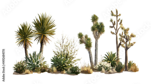 Set of Yucca brevifolia and Phoenix dactylifera trees in sunny daylight, isolated cutout, vector illustration, desert plants, tropical flora, exotic garden, nature decor.
