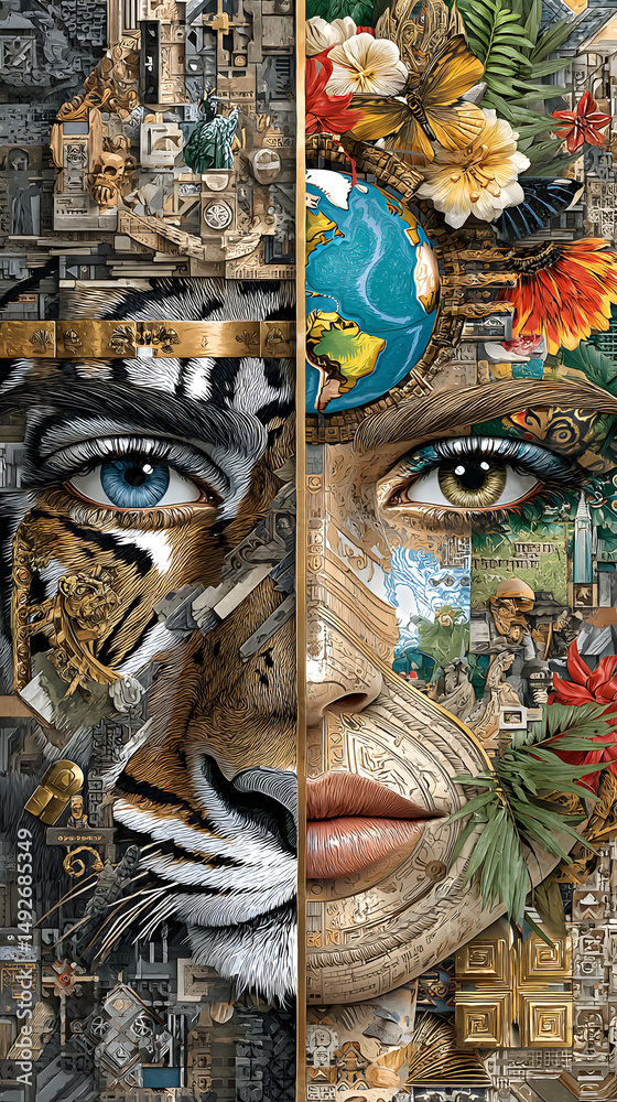 Obraz premium Multicultural Storytelling Art Artistic representation of nature and humanity. Global Roots Visual Identity Contemporary Ethnic Expression