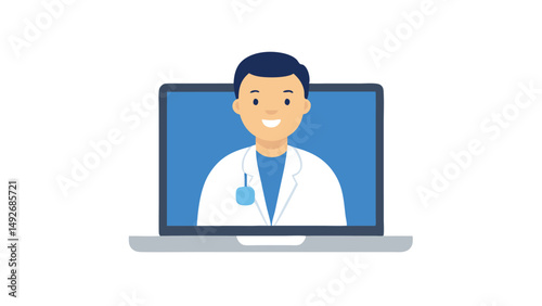 Smiling doctor on laptop screen online medical consultation
