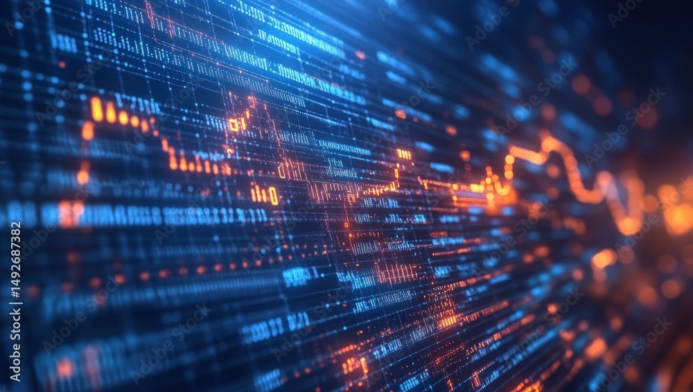 Fototapeta premium Abstract digital data stream with glowing orange and blue lines