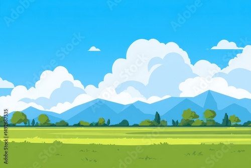 Serene Summer Landscape with Mountains and Green Field
