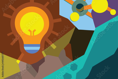 Creative abstract illustration featuring a geometric lightbulb concept and modern design elements