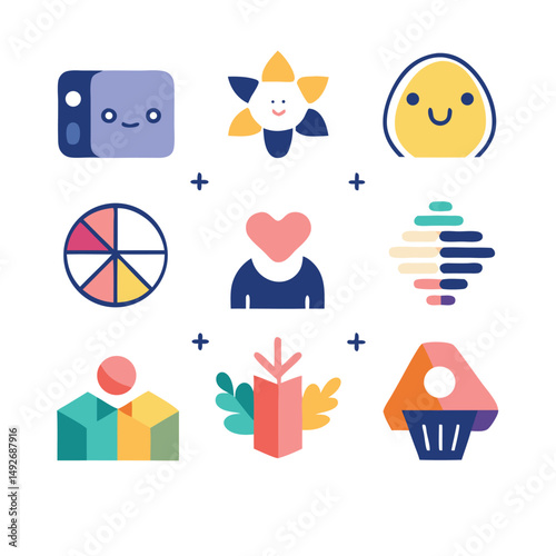 Cute and colorful icons representing various concepts and elements in a minimalist style
