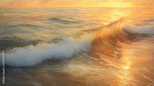 Golden Hour Seascape with serene sunset waves gently rolling onto the shore for peaceful coastal nature landscape and tranquil ocean concept.