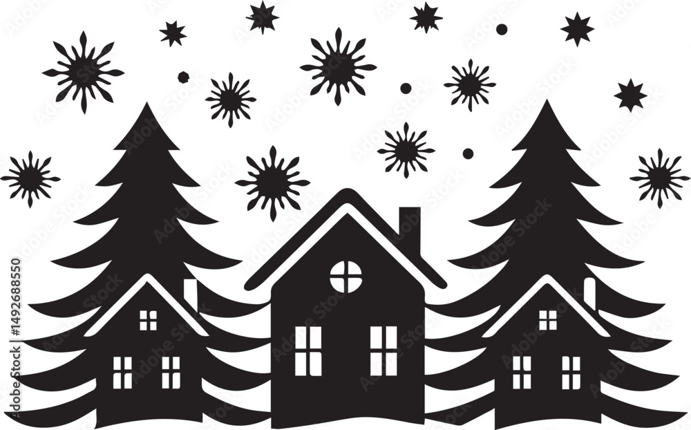 Obraz premium Christmas Village Scene Cozy Houses Lights Trees and Snowflakes