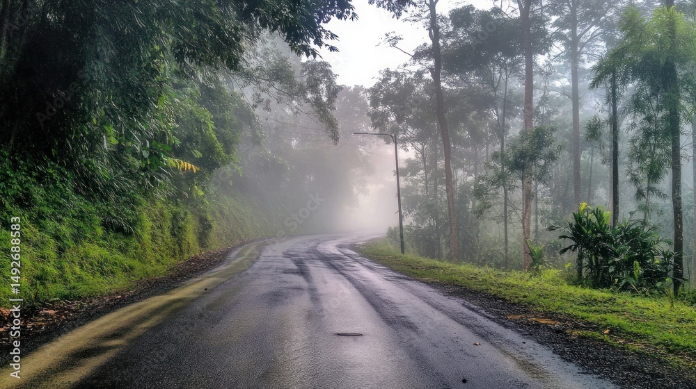 Fototapeta premium Misty Mountain Road: A Serene Drive Through the Fog