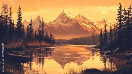 Golden Hour Mountain Lake Serenity with calm reflective waters and majestic peaks for a peaceful nature escape outdoor adventure landscape concept.