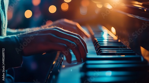 Night piano performance with musician’s hands gracefully dancing across keys for a warm stage lighting setting capturing artistry emotion and musical passion concept.