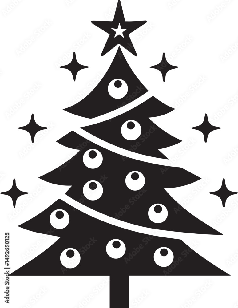 Fototapeta premium Decorated Christmas Tree Icon with Star Flat Vector Style