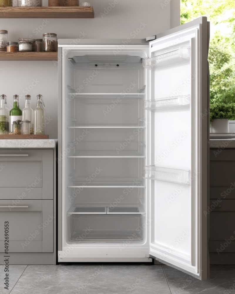 Fototapeta premium Open refrigerator in modern kitchen setting showcasing empty shelves and door compartments, interior shot, home appliance