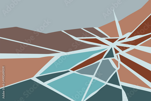 Geometric abstract composition featuring earth tones and shattered glass style design elements