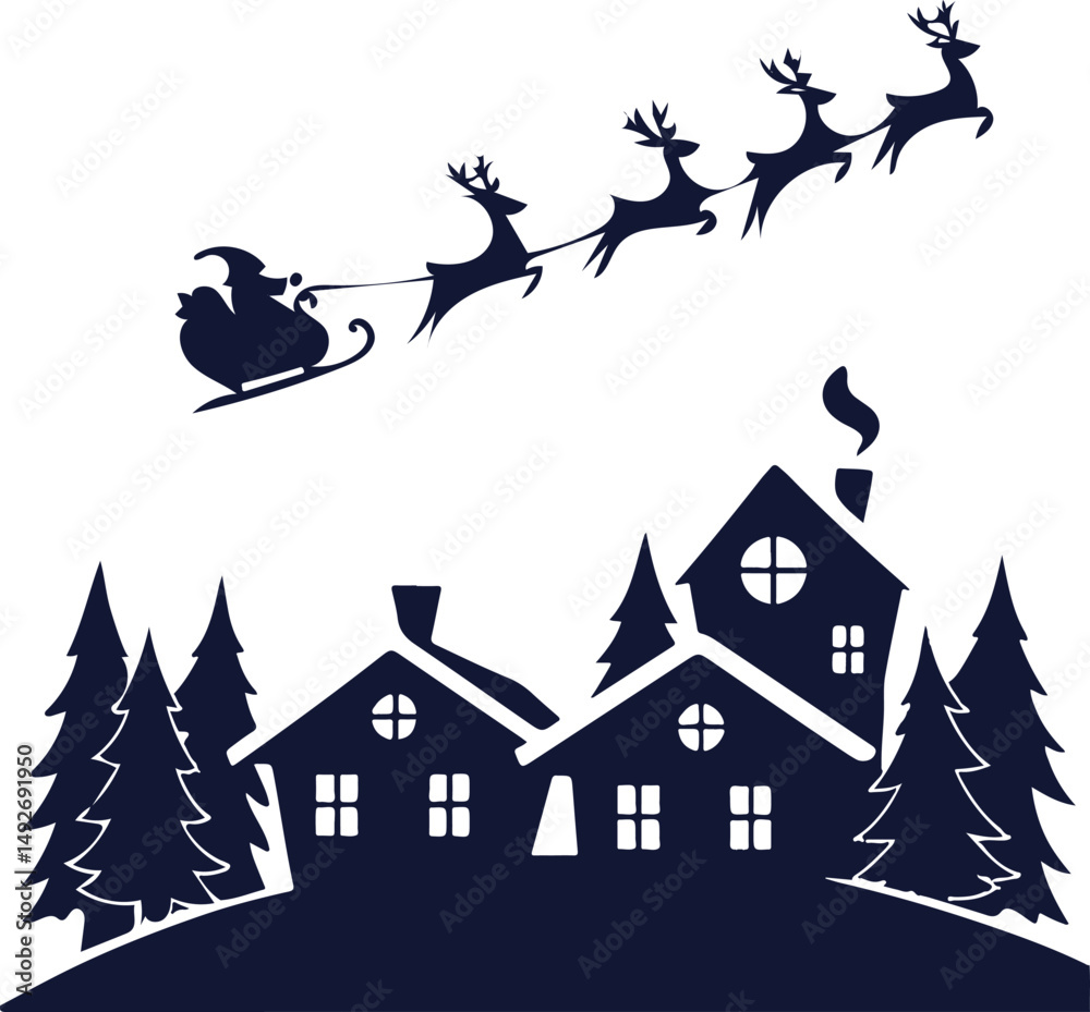 Nighttime Christmas Scene with Santa Reindeer Moon and Snowy Rooftops
