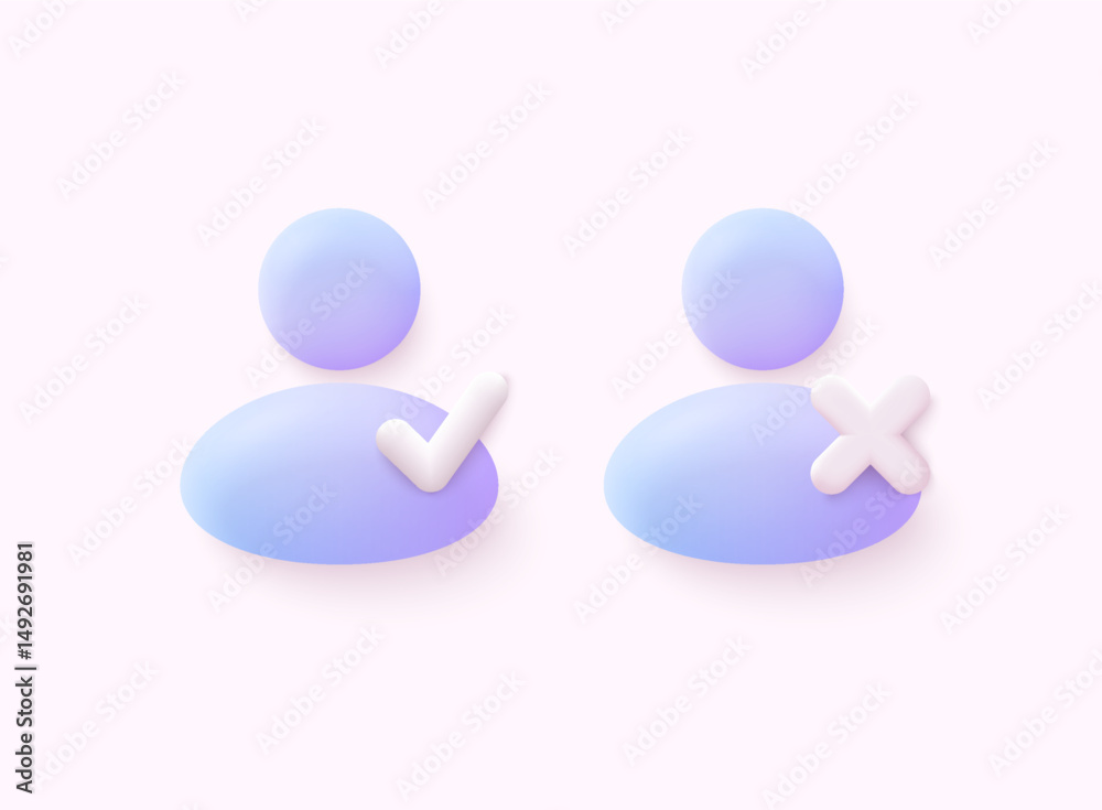 Account profile vector icon personal online. White correct and cross checkmark unlock username password login web security protection. 3D Web Vector Illustrations. Account profile vector icon personal online. White correct and cross checkmark unlock username password login web security protection. 3D Web Vector Illustrations.