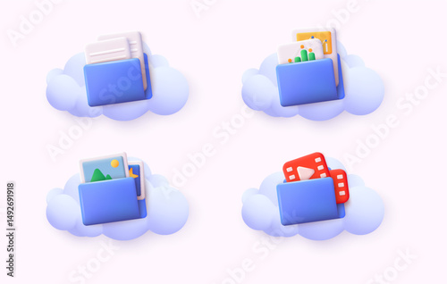 Cloud storage icon. Digital file organization service or app with data transfers. Cloud computing, cloud services, server, cyber security, digital transformation. 3D Web Vector Illustrations.