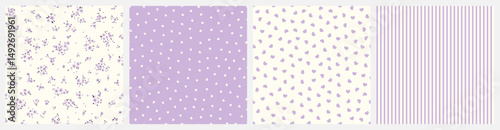 Vector illustrations. Set of 4 Seamless patterns in pastel violet tones, tiny flowers, dots, hearts, stripes. Summer, vacation, fabric design, wrapping paper design