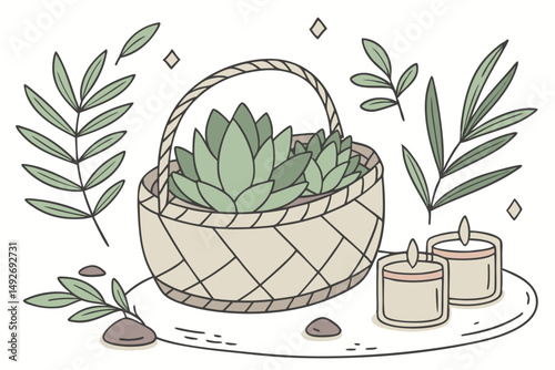 42 succulent plants in a woven basket, candles, green plants, cozy, natural, warm, inviting, minimalist, peaceful, clean, tranquil, elegant, rustic, earthy, soft lighting, textured, natural elements