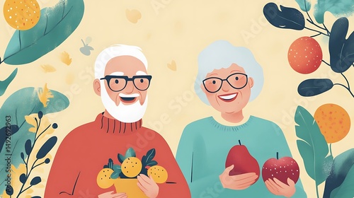 Happy senior couple enjoying autumn harvest for celebration of nature’s bounty togetherness seasonal joy outdoor activity gardening healthy lifestyle family warmth concept.