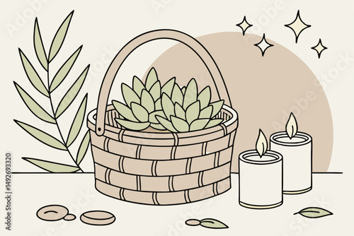 42 succulent plants in a woven basket, candles, green plants, cozy, natural, warm, inviting, minimalist, peaceful, clean, tranquil, elegant, rustic, earthy, soft lighting, textured, natural elements