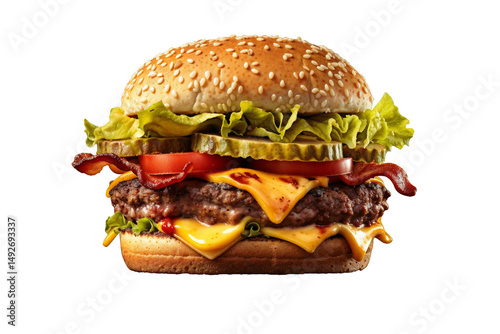 Bacon Double Cheeseburger with Lettuce, Tomato, Pickles, and Sesame Bun. Juicy Beef Patty with Melted Cheddar, Crispy Bacon, and Sauce. Fast Food, Delicious Meal, Unhealthy Eating, Street Food, Americ