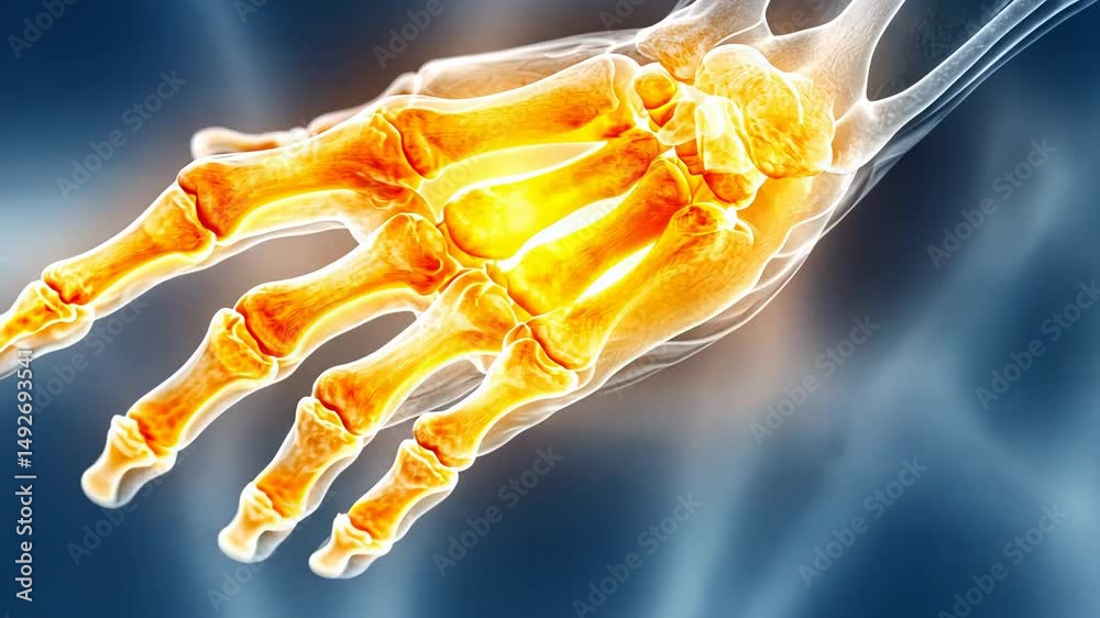 X-ray visualization of hand showing joint pain in fingers with red ...