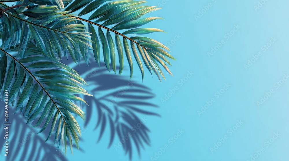 Fototapeta premium Palm leaves cast soft shadows on a bright blue background, creating a minimal and tropical summer vibe with natural light and clean composition.