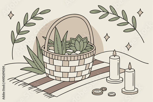 42 succulent plants in a woven basket, candles, green plants, cozy, natural, warm, inviting, minimalist, peaceful, clean, tranquil, elegant, rustic, earthy, soft lighting, textured, natural elements