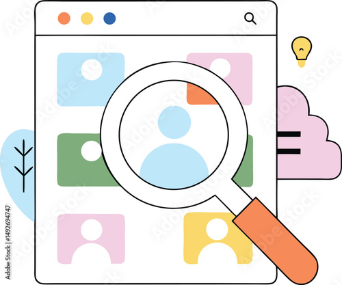 Recruitment and social media icon concept with magnifying glass examining user profiles on transparent background