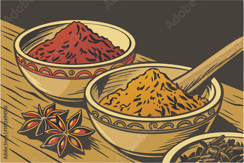 43 ceramic bowls filled with various vibrant spices,close up of assorted spices and herbs,assortment of turmeric,paprika,and other colorful ground spices,high contrast lighting on rustic wooden surfac