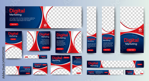 Set bundle of ads banner template design with blue and red background. vector	
