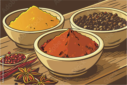 43 ceramic bowls filled with various vibrant spices,close up of assorted spices and herbs,assortment of turmeric,paprika,and other colorful ground spices,high contrast lighting on rustic wooden surfac