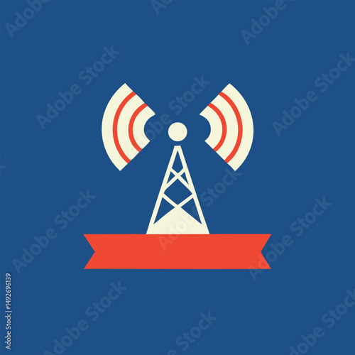 Simple illustration of a communication tower with signals for the digital age in modern style