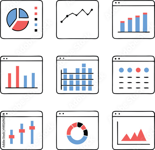 Simple vector infographic elements including charts graphs and business statistics on transparent background