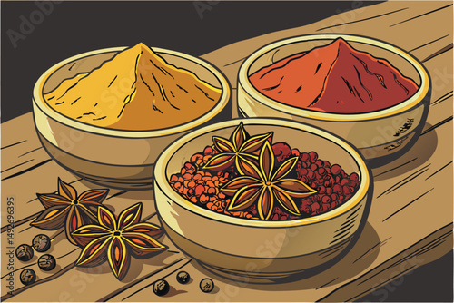 43 ceramic bowls filled with various vibrant spices,close up of assorted spices and herbs,assortment of turmeric,paprika,and other colorful ground spices,high contrast lighting on rustic wooden surfac