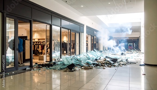Shattered Storefront With Smoke And Debris Inside A Commercial Building