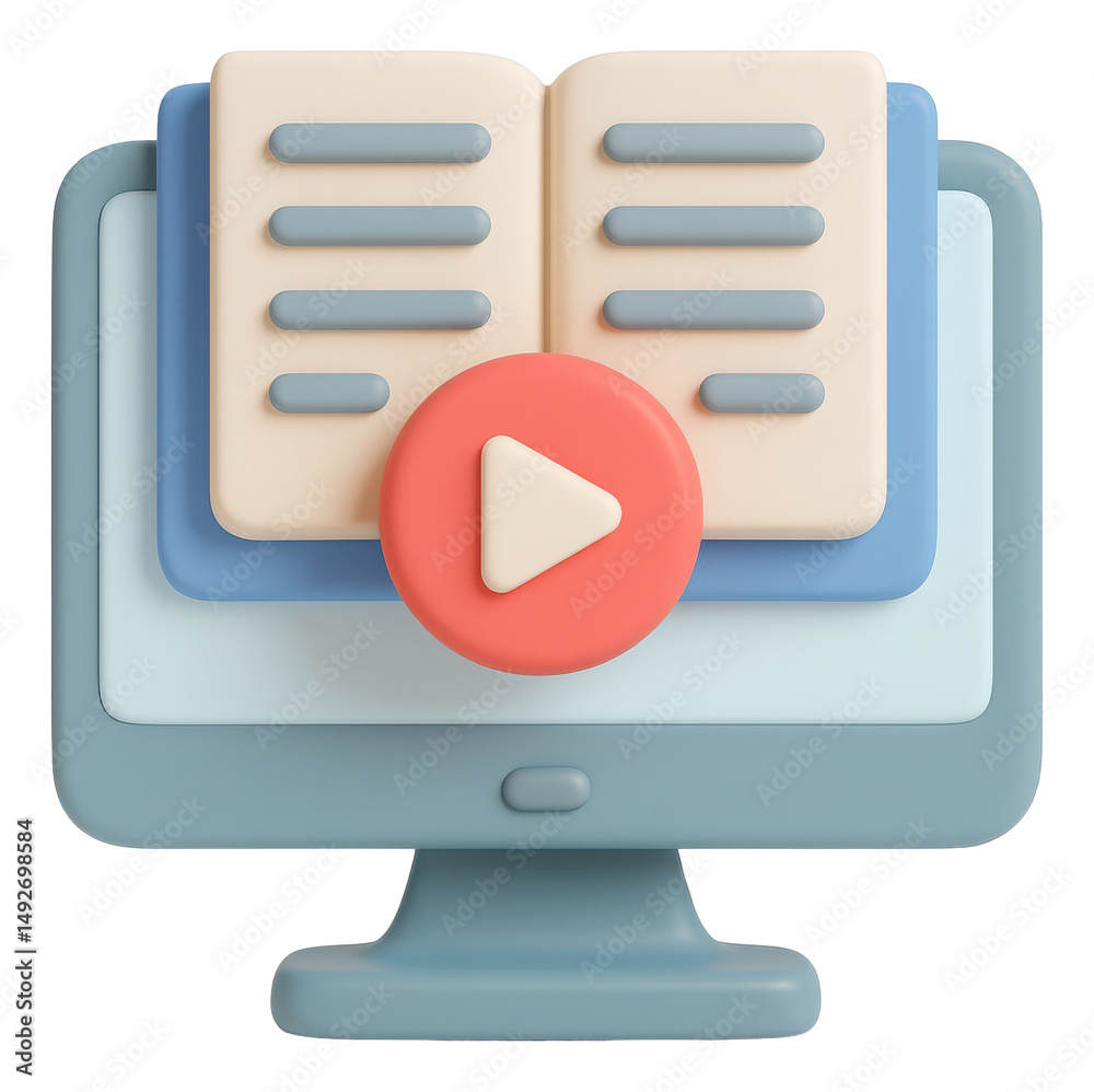 Pastel Blue Computer Screen with 3D Book and Play Button Icon Pastel Blue Computer Screen with 3D Book and Play Button Icon
