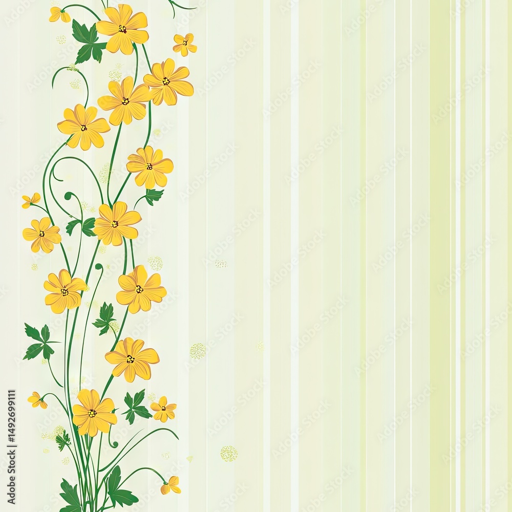 Obraz premium A vibrant illustration of yellow flowers with black centers standing tall against a soft green striped background. ideal for spring-themed designs or floral decorations