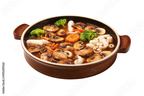 Bowl of Clear Vegetable Mushroom Soup with Broccoli, Carrots, Pasta, and Beans. Healthy Vegan Meal in Rustic Dish. Plant-Based Comfort Food, Homemade Hot Broth, Light Vegetarian Cuisine for Menu, Nutr