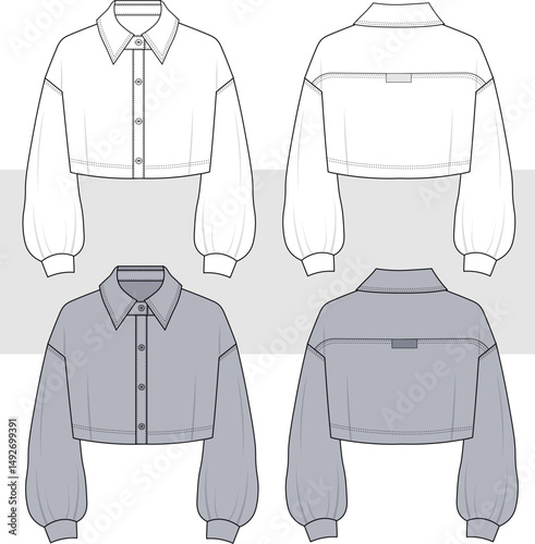 Women's oversize Shirt, Jacket technical fashion Illustration. Crop Shirt fashion flat sketch drawing, vector. Front and back view, CAD mockup.