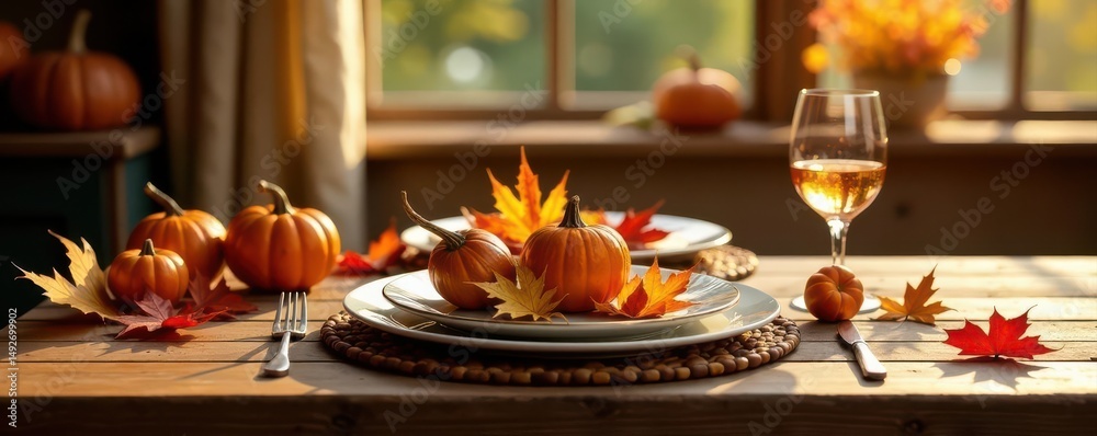 Naklejka premium Thanksgiving table setting with autumnal decor , still life, centerpiece
