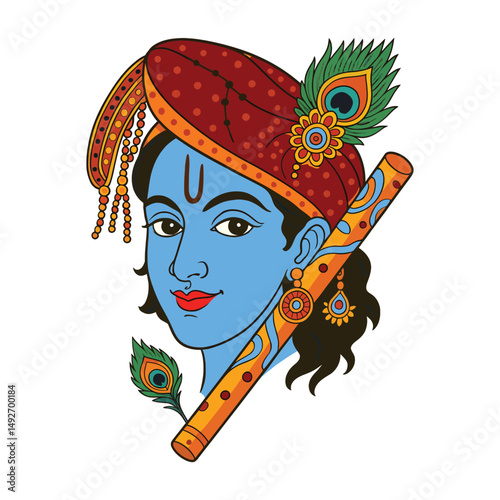 Artistic Portrait of Lord Krishna with Flute and Peacock Feather