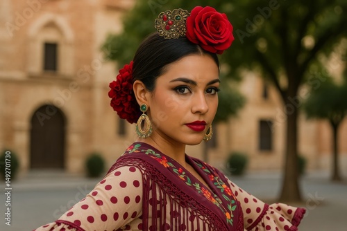 Elegant Woman in Traditional Spanish Flamenco Dress Beautiful Red Roses Hair Accessory Stylish Polka Dot Beige Sleeves Maroon Floral Embroidered  Gorgeous Makeup  Outdoor Portrait Photography Pic Girl