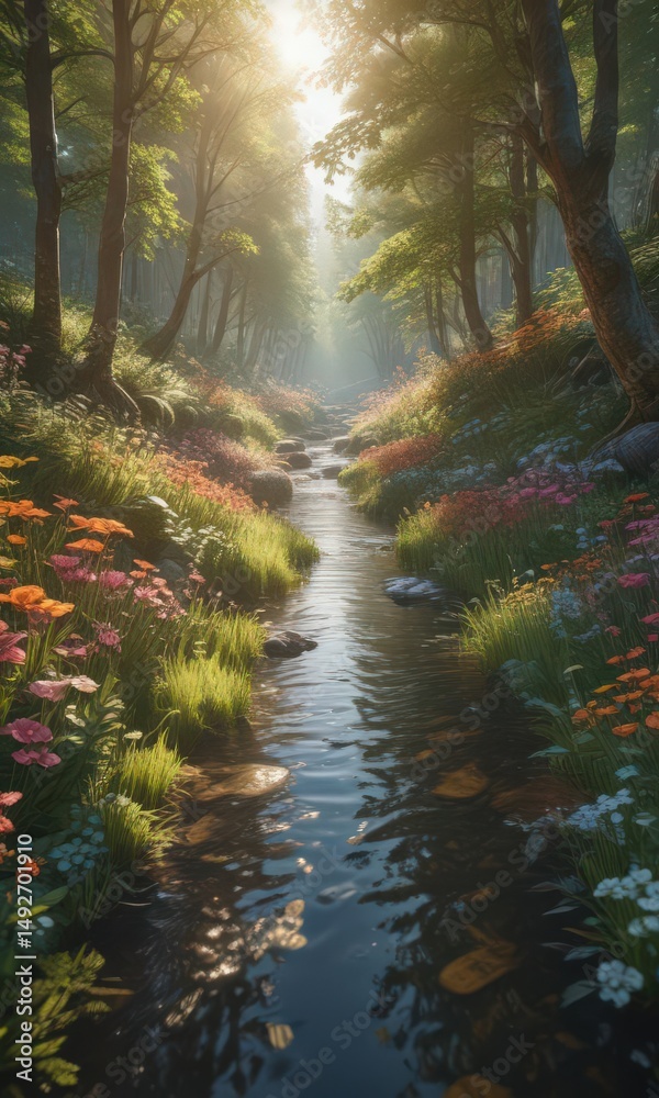 Obraz premium Sun-dappled stream flows through vibrant floral forest , bloom, habitat, image